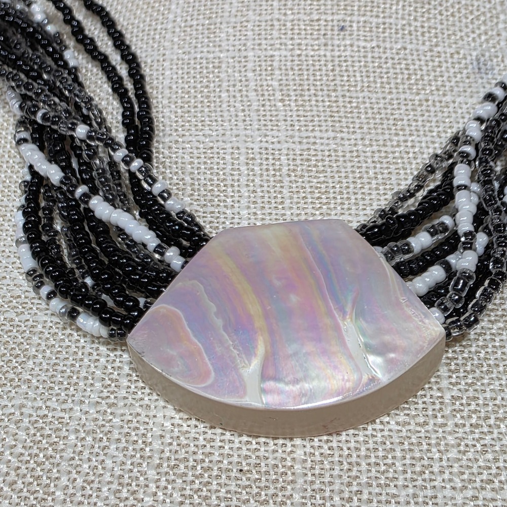 Multi Strand Beaded Necklace with Mother of Pearl Fan Pendant Black White Gray